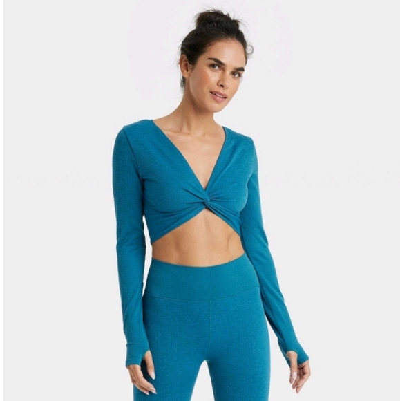 JoyLab Women's Wear 2 Ways Long Sleeve Crop Top ~ Lagoon - Picture 2 of 16